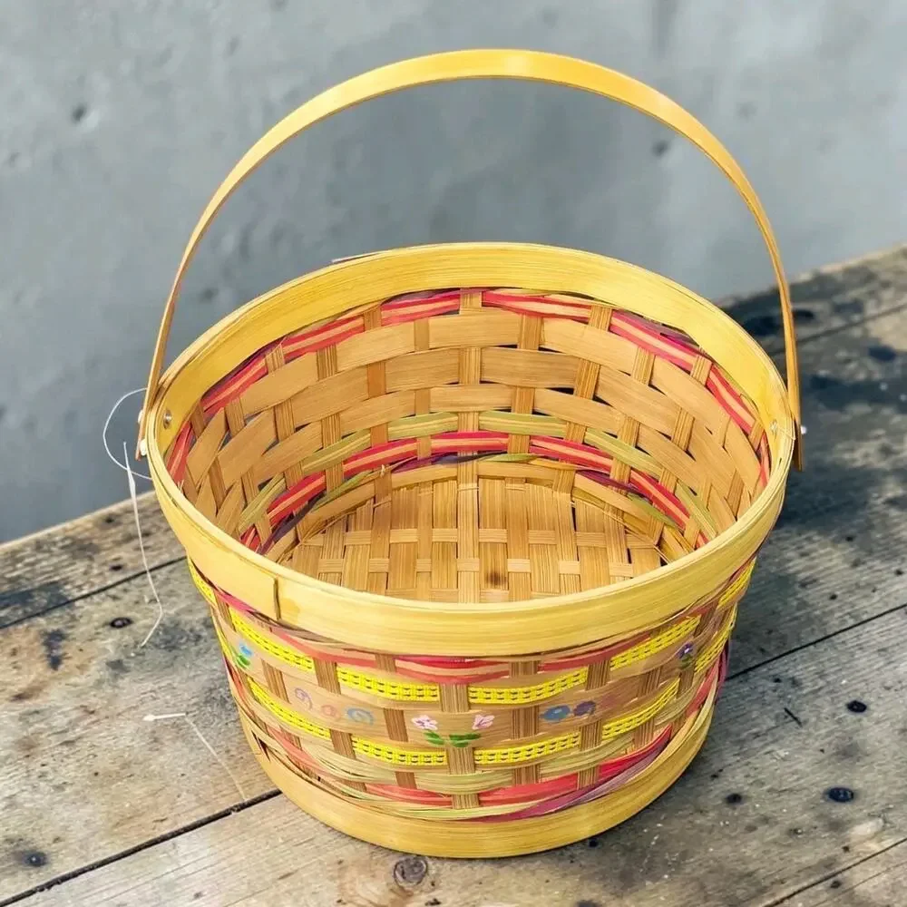 Vintage Woven Bamboo Easter Basket Hand Painted Floral 9.5
